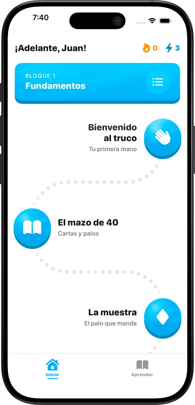 App Truqui mostrando el camino de lecciones para aprender truco uruguayo